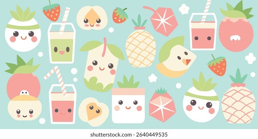 Cheerful cartoon fruits, smoothies, and plants with happy faces; pastel colors; playful style.