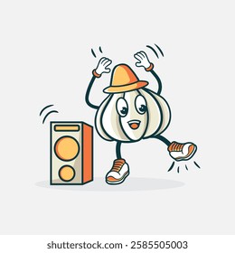 A cheerful cartoon garlic character in a hat dances next to a speaker enjoying the music.