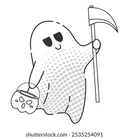 Cheerful cartoon ghost holding scythe and candy bucket, Vector