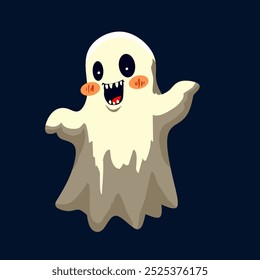 Cheerful cartoon ghost with rosy cheeks and sharp teeth on a dark background. Perfect for Halloween-themed designs, party invitations, or kids' spooky decorations. Vector illustration