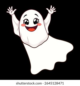 Cheerful Cartoon Ghost with Upraised Arms and a Friendly Expression, Set Against a Dark Background, Perfect for Halloween or Festive Greetings