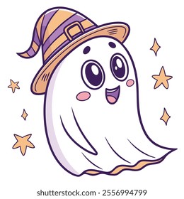 A cheerful cartoon ghost wearing a striped witch hat with stars around.