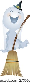 Un fantasma alegre de la historieta que lleva un sombrero de bruja y que sostiene un palo de escoba, ilustrado en un estilo lindo y amistoso. Ideal para diseños con temática de Halloween, proyectos infantiles, invitaciones de fiesta, decoraciones, carteles y arte de Clip de temporada.