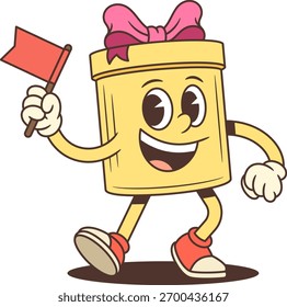 Cheerful cartoon gift box character mascot vector illustration. A yellow present with pink bow winking and waving a red flag. Ideal for advertising, greeting cards, and seasonal sales promotions