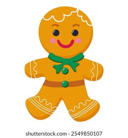 a cheerful cartoon gingerbread man with a green scarf, smiling face, rosy cheeks, and decorative white icing details on its head, arms, and legs.