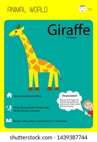 Cheerful cartoon giraffe. Habitat, food, interesting facts. Educational flash cards for children, children's garden, children's center.