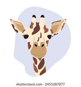 Cheerful cartoon giraffe illustration with purple spot on white isolated background. Cute wild animal in children's cartoon style. For cartoon characters, children's books, posters.