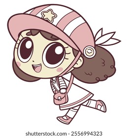 A cheerful cartoon girl with big eyes, wearing a cap and dress, running joyfully.