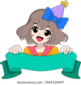 A cheerful cartoon girl with a blue bow and purple party hat, holding a green blank banner ready for customizable text