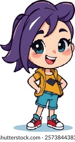 A cheerful cartoon girl character with vibrant purple hair, bright blue eyes, and a big smile. She is wearing a yellow jacket over a striped shirt, blue shorts, and red sneakers, giving her a modern.