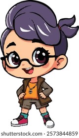 A cheerful cartoon girl character with vibrant purple hair, bright blue eyes, and a big smile. She is wearing a yellow jacket over a striped shirt, blue shorts, and red sneakers.