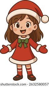 A cheerful cartoon girl dressed in a festive red Christmas outfit with a green bow, matching gloves, and a Santa hat. She has brown hair, rosy cheeks, and striped red-and-white stockings.