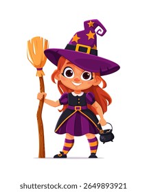Cheerful cartoon girl dressed as a witch holds a broomstick and a small cauldron bucket for kids Halloween party. Vector character wears a purple hat with stars, a matching dress, and striped socks
