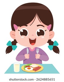 A cheerful cartoon girl excitedly getting ready to eat breakfast, sitting at a table with a plate of food including eggs, sausage, toast, and vegetables, along with a glass of milk.