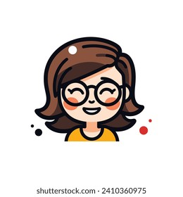 A cheerful cartoon girl with glasses smiles in this colorful vector illustration
