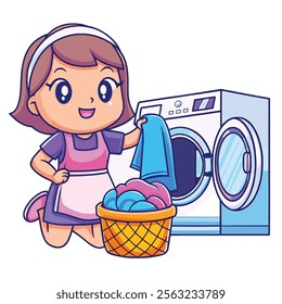 A cheerful cartoon girl happily does laundry using a washing machine and a laundry basket filled with colorful clothes.