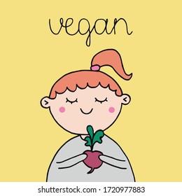 Cheerful cartoon girl holding a beet hand drawn vector illustration on white background. Vegan lettering.