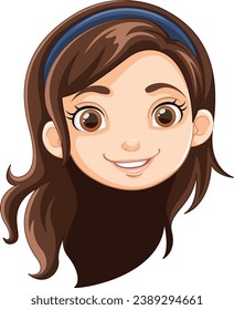 A cheerful cartoon girl with lovely long brown hair
