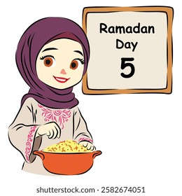 A cheerful cartoon girl in Muslim attire cooks joyfully beside a whiteboard showing a Ramadan countdown.