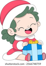 A cheerful cartoon girl in a Santa hat and festive red outfit joyfully opening a blue gift box with a yellow ribbon