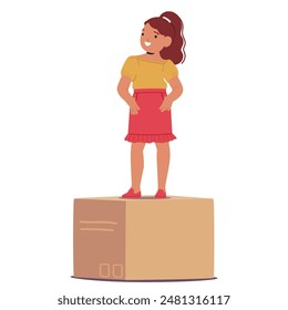 Cheerful Cartoon Girl Standing On A Box. Character Appears Happy And Playful, Conveying A Sense Of Joy And Lightheartedness. Perfect For Concepts Related To Childhood, Fun, And Prepositions Of Place