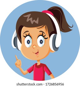 Cheerful Cartoon Girl Wearing Headphones Pointing Finger. Happy female student wearing headset learning a foreign language
