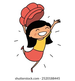 A cheerful cartoon girl wearing a red hat and a yellow shirt, joyfully dancing with one leg raised. The character has a bright smile and an animated style, perfect for children's illustrations or play