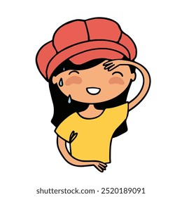 Una alegre chica de dibujos animados con un sombrero rojo, sonriendo y saludando. Tiene una expresión juguetona con una gota de sudor en la frente, lo que sugiere un día soleado. La ilustración captura un ambiente divertido