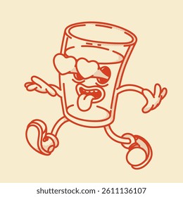 A cheerful cartoon glass of water or other drink mascot in shoes smiling. Bar menu, healthy life symbol. Heart gesture
