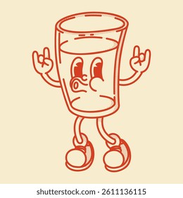 A cheerful cartoon glass of water or other drink mascot in shoes smiling. Bar menu, healthy life symbol. Rock gesture