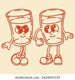A cheerful cartoon glass of water or other drink mascot in shoes smiling. Bar menu, healthy life symbol. Couple in love