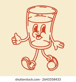 A cheerful cartoon glass of water or other drink mascot in shoes smiling. Bar menu, healthy life symbol. Finger up