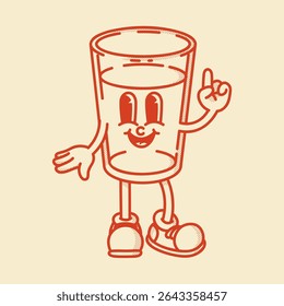 A cheerful cartoon glass of water or other drink mascot in shoes smiling. Bar menu, healthy life symbol. Finger up