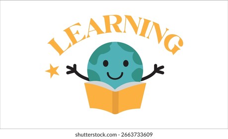 A cheerful cartoon globe holding an open book with “Learning” text, symbolizing global education and joy of learning. Ideal for international school projects, geography lessons, and educational campai