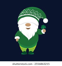 A cheerful cartoon gnome dressed in green attire with a festive patterned hat, holding a four-leaf clover, set against a dark blue background. Perfect for St. Patrick’s Day themes