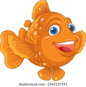 A cheerful cartoon goldfish isolated on a white background