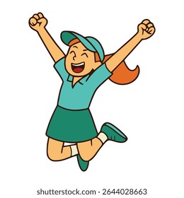 Cheerful Cartoon Golfer Girl Jumping in Joy – Victory Celebration Pose