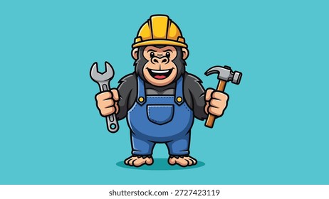 Um alegre gorila de desenho animado vestido de operário de uma construção civil, vestindo um chapéu e macacão, segurando uma chave inglesa e um martelo.