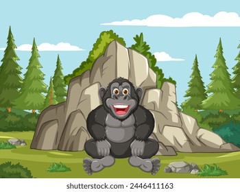 Cheerful cartoon gorilla sitting by rocks and trees.