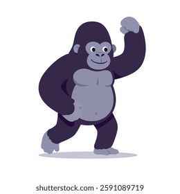 A cheerful cartoon gorilla strides forward with a raised arm, exuding playfulness and confidence in this vibrant vector illustration.