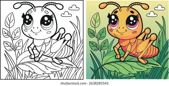 A cheerful cartoon grasshopper with big shiny eyes sitting on a leaf among tall grass. Includes both a black-and-white coloring page and a fully colored version. Perfect for children’s books, printabl