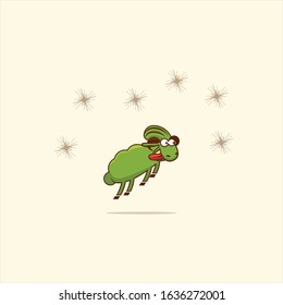 cheerful cartoon green ram stuck out his tongue, having fun and jumping