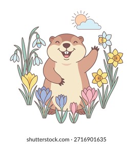 Una alegre marmota de dibujos animados saluda rodeada de flores de primavera florecientes y un cielo soleado con una nube.