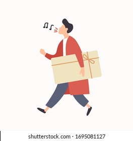 Cheerful cartoon guy carrying gift box with ribbon enjoying sale vector flat illustration. Happy colored male sing song hold present isolated on white background. Positive buyer man having fun