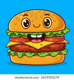 A cheerful cartoon hamburger illustration with a smiling face. This vibrant and playful design is perfect for food-related projects, children's content, or adding a fun touch to any creative work