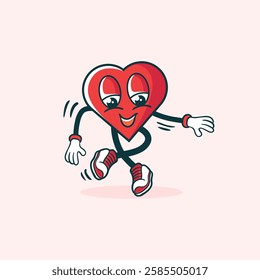 A cheerful cartoon heart character with arms and legs is joyfully dancing and bouncing.