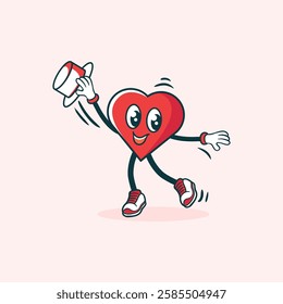 A cheerful cartoon heart character joyfully dances while holding a hat in its hand.