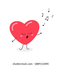 Cheerful cartoon heart character singing a song. Vector flat illustration isolated on white background