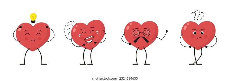 Cheerful cartoon heart characters vector set. Happy Valentine's Day collection. Funny, cute happy hearts moving. Feeling harmony, character, animation concept. Love with different emotions. 