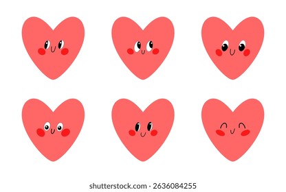 Cheerful cartoon hearts set with expressive faces and soft pink blushes.  Perfect for playful posters, crafts, and emotion icons.
